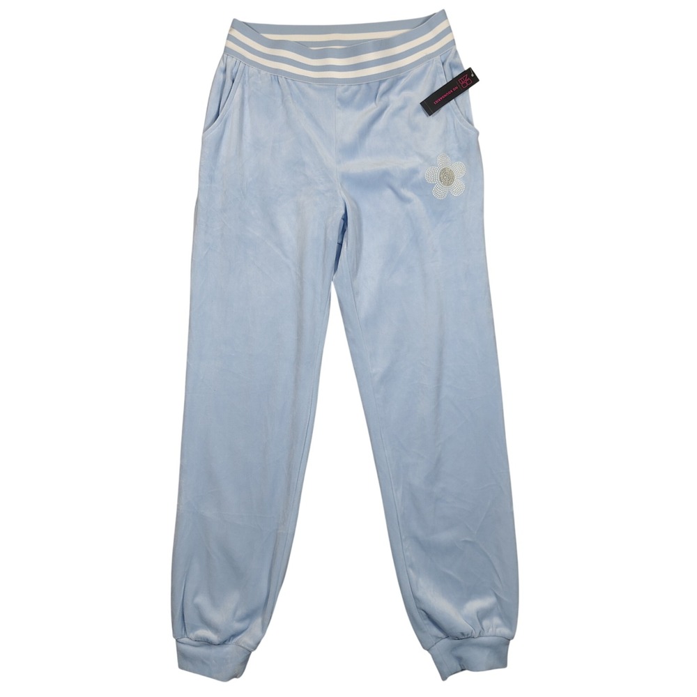 No Boundaries Velour Joggers Women S Blue Rhinestone Flower Striped Velvet Pants